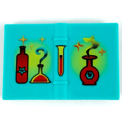 Minifigure, Utensil Book 2 x 3 with Red and Yellow Bottles, Flasks and Sparkles Pattern - Green Minifigure, Utensil Book 2 x 3 with Red and Yellow Bottles, Flasks and Sparkles Pattern - Green