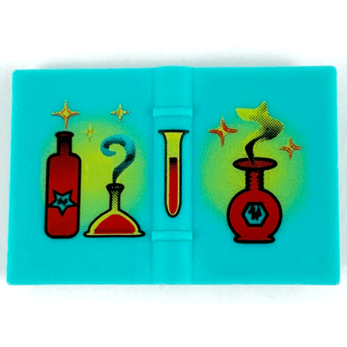 Деталь LEGO 33009px1 Minifigure, Utensil Book 2 x 3 with Red and Yellow Bottles, Flasks and Sparkles Pattern - Green