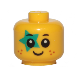Minifigure, Baby / Toddler Head with Neck with Black Eyes, White Pupils, Dark Orange Freckles, Smile, and Dark Turquoise Star Pattern Minifigure, Baby / Toddler Head with Neck with Black Eyes, White Pupils, Dark Orange Freckles, Smile, and Dark Turquoise Star Pattern