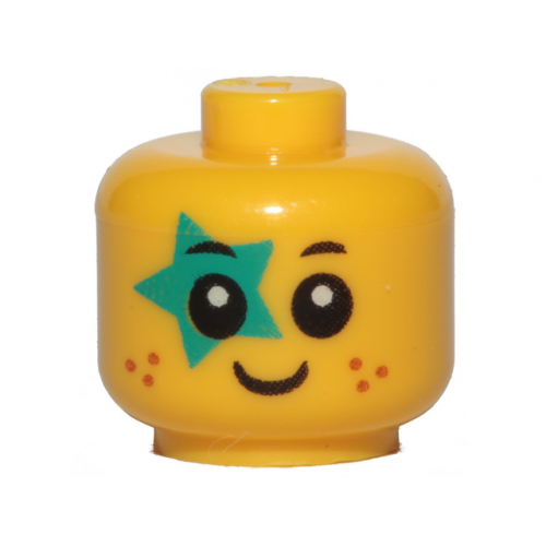 Деталь LEGO 33464pb05 Minifigure, Baby / Toddler Head with Neck with Black Eyes, White Pupils, Dark Orange Freckles, Smile, and Dark Turquoise Star Pattern