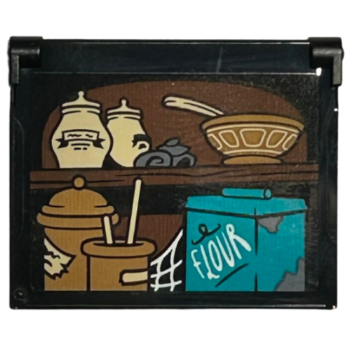 Деталь LEGO 60603pb022 Glass for Window 1 x 4 x 3 - Opening with Dark Turquoise 'FLOUR' Container, Tan and Reddish Brown Storage Jars, Bowl and Utensils Pattern (Sticker) - Set 76428