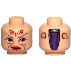 Minifigure, Head Alien with Dark Purple Thin Eyebrows, Large Reddish Brown Eyes, Horns and Markings, Red Lips, Grin, Ponytail on Back Pattern