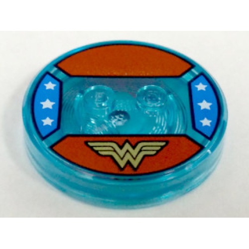 Деталь LEGO 18605c01pb19 Dimensions Toy Tag 4 x 4 x 2/3 with 2 Studs and Trans-Light Blue Bottom with Stylized Gold 'WW' Logo on Red Background, White Stars on Blue Background Pattern (Wonder Woman)