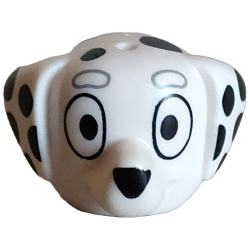 Minifigure, Head, Modified Dog (Dalmatian) with Pointed Ears, Hole on Top with Black Eyes, Nose and Spots, Light Bluish Gray Eyebrows Pattern