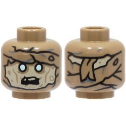 Minifigure, Head Alien Mummy with Tan Face, White and Metallic Light Blue Eyes, Black Open Mouth, Wrappings on Forehead and Back Pattern