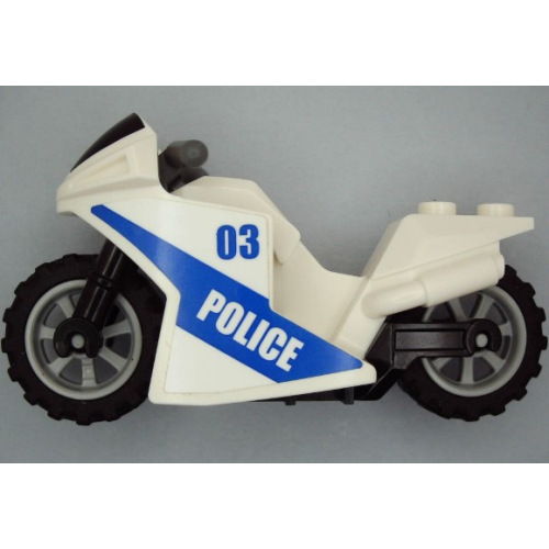 Деталь LEGO 18895c02pb03 Motorcycle Sport Bike with Black Windshield Pattern, Black Frame, Light Bluish Gray Wheels and Dark Bluish Gray Handlebars with Gold Badge with '03' and 'POLICE' Pattern on Both Sides (Stickers) - Set 60139