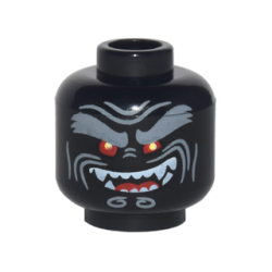 Minifigure, Head Alien with Light Bluish Gray Bushy Eyebrows, Red Eyes, Open Mouth Crooked Smile Left Raised with Fangs Pattern