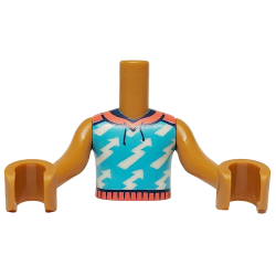 Torso Mini Doll Boy Medium Azure Hoodie Vest with White Lightning Bolts, Coral Hems and Hood, Dark Blue Drawstrings Pattern, Medium Nougat Arms with Hands