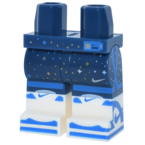 Деталь LEGO 970c00pb1788 Hips and Legs with Molded White Lower Legs / Boots and Printed Shorts with Dark Azure Trim, Silver and Gold Sparkles and Nike Swoosh Logo, Basketball Shoes with Blue Panels Pattern