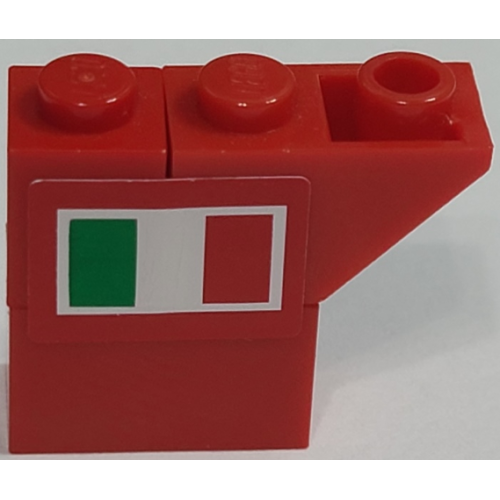 Деталь LEGO BA201pb01L Stickered Assembly 3 x 1 x 2 with Italian Flag on Red Background Pattern Model Left Side (Sticker) - Set 8157 - 1 Brick 1 x 1, 1 Brick 1 x 2, 1 Slope, Inverted 45 2 x 1