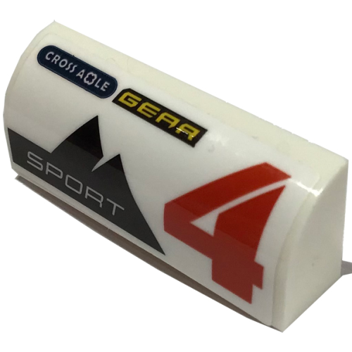 Деталь LEGO 6191pb034R Slope, Curved 1 x 4 x 1 1/3 with Red Number 4, 'CROSS AXLE', 'GEAR', 'SPORT' and Mountains Pattern Model Right Side (Sticker) - Set 60256