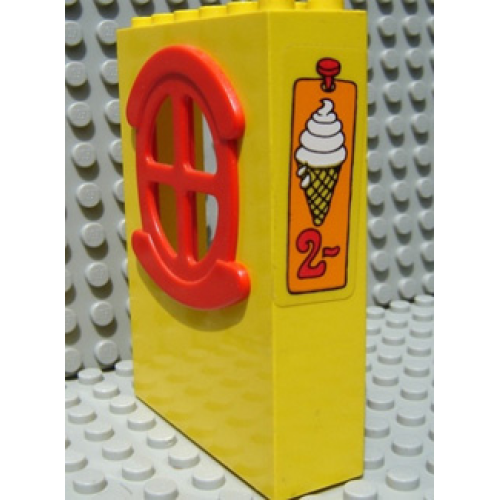 Деталь LEGO x635c01pb04 Fabuland Building Wall 2 x 6 x 7 with Round Symmetric Red Window with Ice Cream and No 2 Pattern (Sticker) - Set 3681
