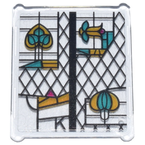 Деталь LEGO 51266pb015 Glass for Window 1 x 3 x 3 Flat Front with Black, Bright Light Orange, Dark Turquoise, and Magenta Stained Glass Pattern 7 (Sticker) - Set 76437