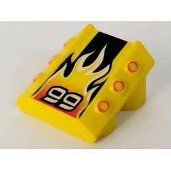 Brick, Modified 2 x 2 No Studs, Sloped with 6 Side Pistons Raised with Stylized White '99' and Flames on Black Stripe Pattern