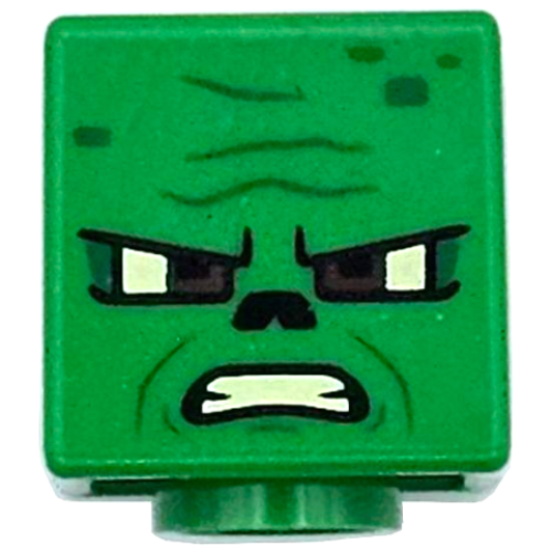 Деталь LEGO 19729pb099 Minifigure, Head, Modified Cube with Bright Light Yellow and Reddish Brown Eyes, Black Nose, Green Spots and Wrinkles, Angry Open Mouth with Teeth Pattern