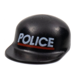 Minifigure, Headgear Cap - Long Flat Bill with White 'POLICE' and Red Line Pattern Minifigure, Headgear Cap - Long Flat Bill with White 'POLICE' and Red Line Pattern