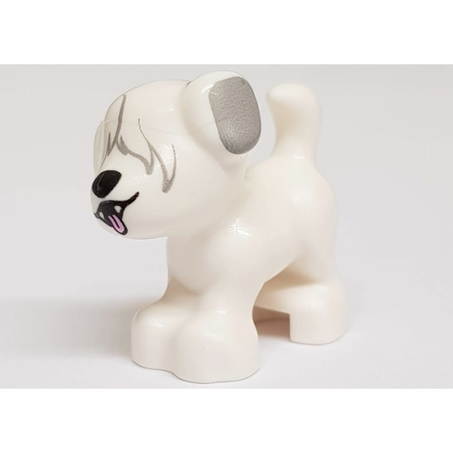 Деталь LEGO 93088pb06 Dog, Friends Style, Puppy, Standing with Fur over Eyes, Black Nose, Open Mouth with Tongue and Light Bluish Gray Ears Pattern (Max)