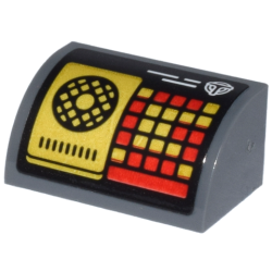 Slope, Curved 1 x 2 with Bottom Stud Holder with Control Panel with Black Circle, Red and Gold Keypad and White Airport Shuttle Logo 'T' Pattern (Sticker) - Set 80036 Slope, Curved 1 x 2 with Bottom Stud Holder with Control Panel with Black Circle, Red and Gold Keypad and White Airport Shuttle Logo 'T' Pattern (Sticker) - Set 80036