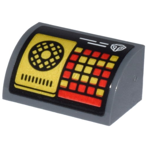 Деталь LEGO 37352pb022 Slope, Curved 1 x 2 with Bottom Stud Holder with Control Panel with Black Circle, Red and Gold Keypad and White Airport Shuttle Logo 'T' Pattern (Sticker) - Set 80036