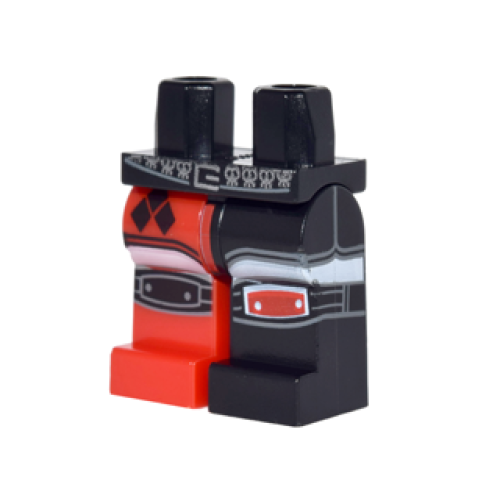 Деталь LEGO 970d03pb04 Hips and 1 Black Left Leg, 1 Red Right Leg with Short Shorts with Black Diamonds over White Tights, Black and Red Knee Pads Pattern