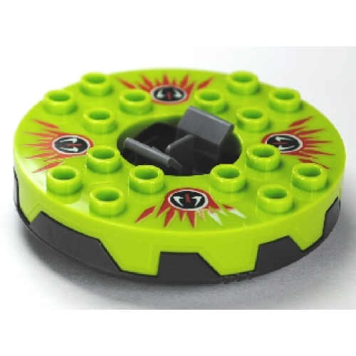 Деталь LEGO 98318c02pb01 Turntable 6 x 6 x 1 1/3 Round Base Serrated with Lime Top and Red, White and Black Fangpyre Pattern (Ninjago Spinner)