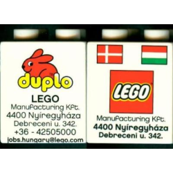 Duplo, Brick 2 x 2 x 2 with LEGO Logo, Duplo Logo, Danish and Hungarian Flag Pattern - LEGO Factory Hungary Promotional (Version with Postal Address) Duplo, Brick 2 x 2 x 2 with LEGO Logo, Duplo Logo, Danish and Hungarian Flag Pattern - LEGO Factory Hungary Promotional (Version with Postal Address)