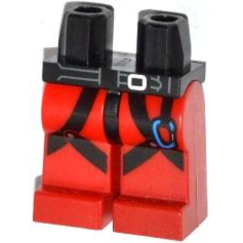 Деталь LEGO 970c05pb07 Hips and Red Legs with Black Harness with Blue Carabiner Pattern