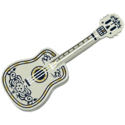 Minifigure, Utensil Musical Instrument, Guitar Acoustic with Tuning Knobs with Silver Strings, Skull and Dark Blue and Gold Ornaments Pattern