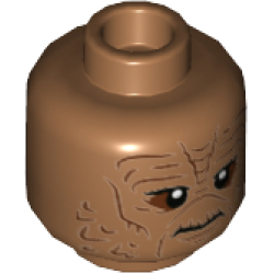 Minifigure, Head Alien SW Weequay with Reddish Brown Facial Lines and Eye Shadow, Frown, Braided Ponytails on Back Pattern