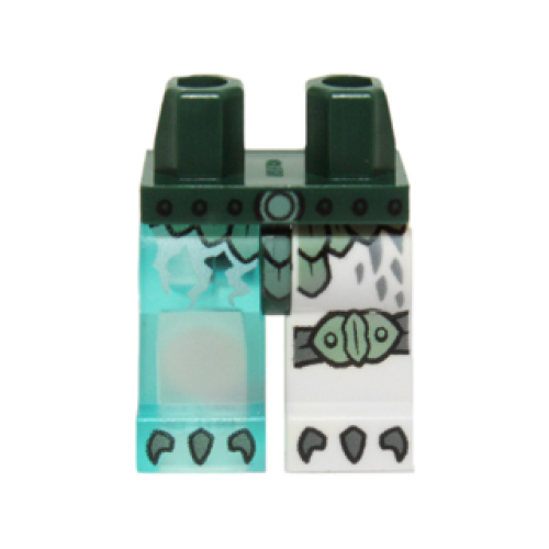 Деталь LEGO 970d19pb01 Hips and 1 White Left Leg, 1 Trans-Light Blue Right Leg with Sand Green Scaled Armor and Knee Pad and Dark Bluish Gray Talons Pattern