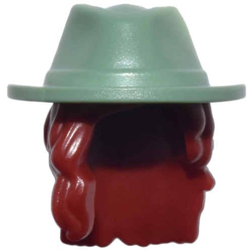 Деталь LEGO 79989pb03 Mini Doll, Hair Combo, Hair with Hat, Long Wavy Over Right Shoulder with Molded Sand Green Cowboy Hat Pattern