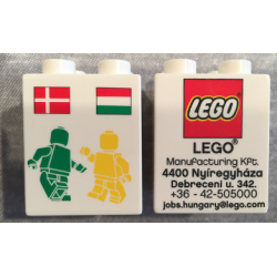 Duplo, Brick 2 x 2 x 2 with LEGO Logo, Green and Yellow Minifigures, Danish and Hungarian Flag Pattern - LEGO Factory Hungary Promotional Duplo, Brick 2 x 2 x 2 with LEGO Logo, Green and Yellow Minifigures, Danish and Hungarian Flag Pattern - LEGO Factory Hungary Promotional