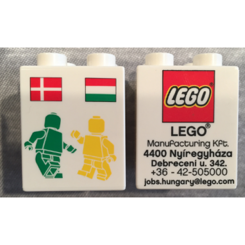 Деталь LEGO 31110pb128 Duplo, Brick 2 x 2 x 2 with LEGO Logo, Green and Yellow Minifigures, Danish and Hungarian Flag Pattern - LEGO Factory Hungary Promotional