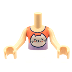 Torso Mini Doll Girl Coral and Lavender Top, White Kitty Cat Head Pattern, Light Nougat Arms with Hands