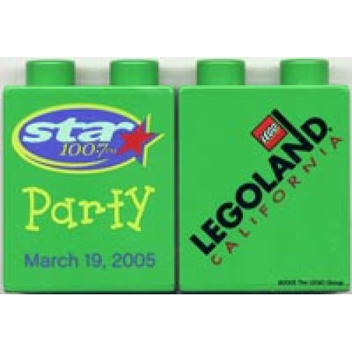 Деталь LEGO 4066pb198 Duplo, Brick 1 x 2 x 2 with Star 100.7 FM Party March 19, 2005 Pattern