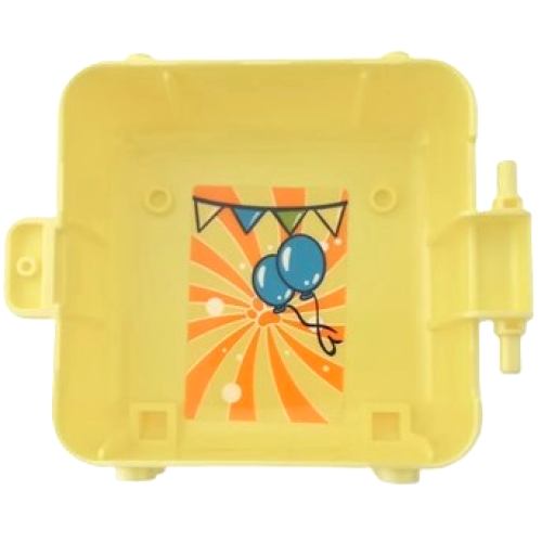 Деталь LEGO 64462pb16 Container, Box 3 x 8 x 6 2/3 Half Front with Dark Blue, White, Dark Pink, and Bright Light Orange Pug Face with Tongue and Bunting, Dark Turquoise Balloons, Orange Paw Print and Stripes in Swirl Pattern (Sticker) - Set 41664