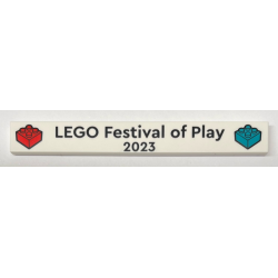 Tile 1 x 8 with Black 'LEGO Festival of Play 2023' and Red and Dark Turquoise Brick Pattern