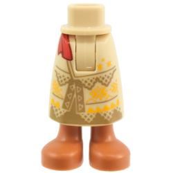 Mini Doll Hips and Skirt Long with Molded Sienna Legs and Feet and Printed Dark Tan Panels and Triangles, Slit in Front, Bright Light Orange Geometric Design, Red Sash Ends Pattern - Thick Hinge