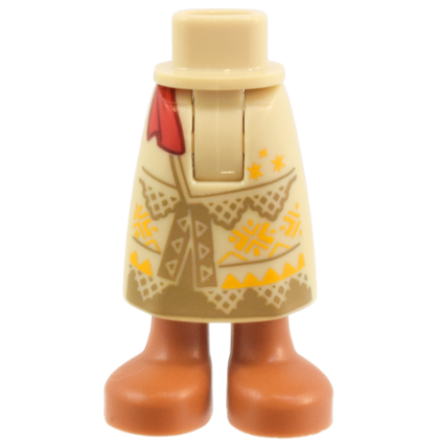Деталь LEGO 59595c00pb26 Mini Doll Hips and Skirt Long with Molded Sienna Legs and Feet and Printed Dark Tan Panels and Triangles, Slit in Front, Bright Light Orange Geometric Design, Red Sash Ends Pattern - Thick Hinge