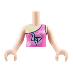 Torso Mini Doll Girl Dark Pink Top with Bright Pink Circles and White Origami Crane over Yellowish Green Tank Top Pattern, Light Nougat Arms with Hands