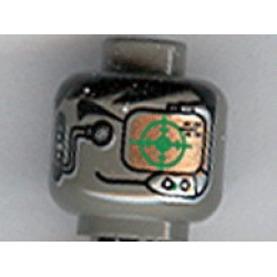 Minifigure, Head Alien with Black Hair, Headset, Green and Copper Eye Grid Pattern