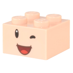 Brick 2 x 2 with Black Eyes, White Pupil, Wink, and Dark Red Open Mouth Smile with Red Tongue Pattern (Super Mario Blue Toad / Purple Toad Face)