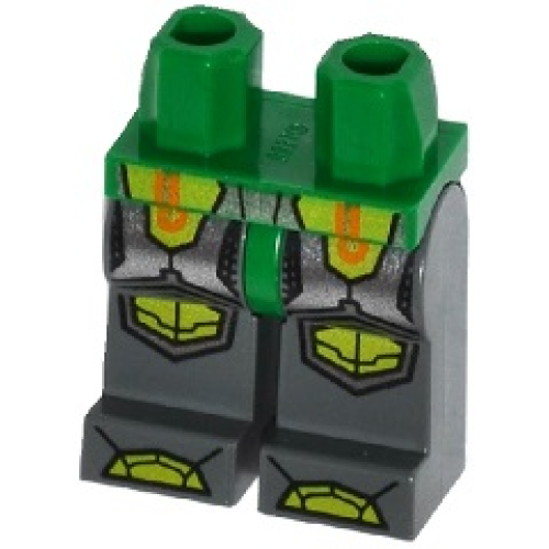 Деталь LEGO 970c85pb15 Hips and Dark Bluish Gray Legs with Orange and Gold Circuitry, Silver Armor and Lime Knee Pads and Boots Pattern
