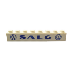Brick 1 x 8 without Bottom Tubes with Cross Side Supports with Blue 'VW SALG VW' Bold Pattern
