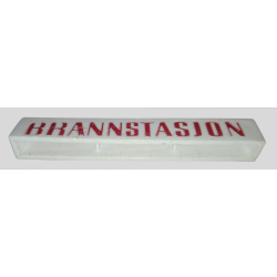 Brick 1 x 8 without Bottom Tubes with Cross Side Supports with Red 'BRANNSTASJON' Pattern