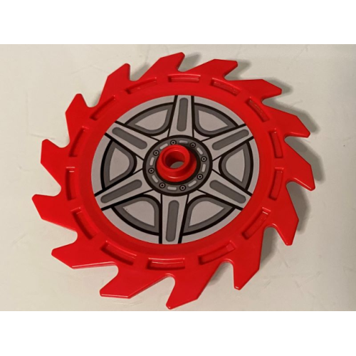 Деталь LEGO 61403pb05 Technic Circular Saw Blade 9 x 9 with Pin Hole and Teeth in Same Direction with Wheel Spokes and Hub Pattern (Sticker) - Set 70640