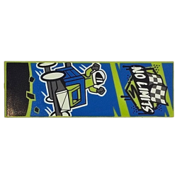 Tile 2 x 6 with White 'NO LIMITS' on Black Banner, Dark Bluish Gray Checkered Flags and Soapbox Race Car with Driver on Blue Background Pattern