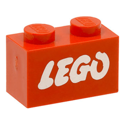 Brick 1 x 2 with LEGO Logo Open O Style White without Black Outline Pattern (Samsonite) - Red