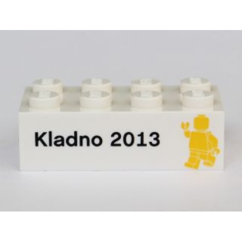 Деталь LEGO 3001pb105 Brick 2 x 4 with 'Kladno 2013' and Yellow Minifigure Front, LEGO Logo and 'Den otevrenych dverí' Back Pattern (Kladno Open Day Promo)