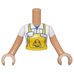 Torso Mini Doll Woman Bright Light Orange Apron over Shirt, White Coffee Cup, Croissant on Back Pattern, Medium Nougat Arms with Hands with White Short Sleeves